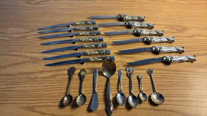 Assorted Vintage Cutlery & Spoons (6) Bruce Fox &ldquo;Charging Bull&rdquo; Steak Knives (7) Carvel Hall Steak Knives And 7 Collectable Spoons & 1 Butter Spreader