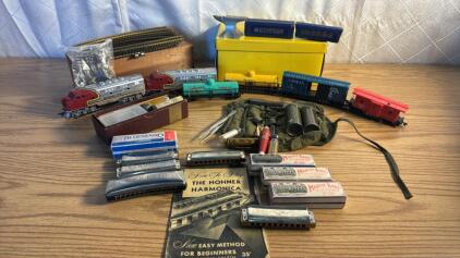 (1) Vintage HO Scale Train Set W/Track (11) Vintage Harmonica&rsquo;s (1) Vintage Military Field Sewing Kit and more