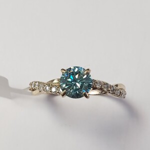 $2000 10K Greenish Blue Moissanite(0.85ct) White Moissanite(0.15ct) Ring