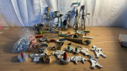Assorted Antique Kitchen Utensils,Cookie Cutters , Meat Grinder , Mixer/Beaters and more