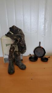 (3) Cast Iron Pans And Rustic Ridge Youth Outdoor Hunting Waders 4/5