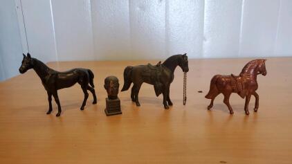 (3) Vintage Brass Horses And Brass JFK Head Statues