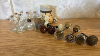 Assorted Vintage Items (7) Glass Bottles (2) Old Burners (1) Scentsy Burner (7) Old Door Knobs
