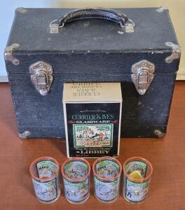 Vintage Currier & Ives Glassware by Libbey Set of 4 Juice Glasses & Vintage Eagle Lock Storage Carry Box