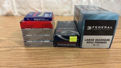 (1) Full Box Federal Ammunition Large Magnum Rifle Primers 1,000 total (1) Partial Box CCI Large Rifle Primers 800 total (3) Partial Boxes Of Federal Ammunition Large Rifle Primers (1) Full Box Federal Large Rifle Magnum Primers (1) Partial Box Wincheste