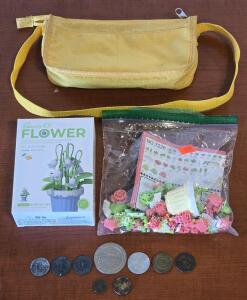 (9) Assorted Collectable Vintage Coins , Lego-Like Toys , Yellow Coin Purse