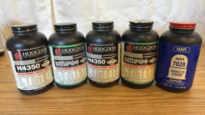 Bottles Of Reloading Powder (2) Hodgdon Magnum Rifle Feel Full (1) Hodgdon H4350 Feels Full (1) Hodgdon H4350 Feels 3/8 Full (1) IMR 7828 Feels Full