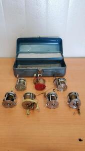 (7) Vintage Fishing Reels And Vintage Metal Tackle Box