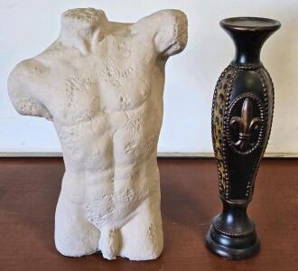Heavy Male Torso Sculpture - 18"H & Large Candle Holder Decor - 17&frac14;"H
