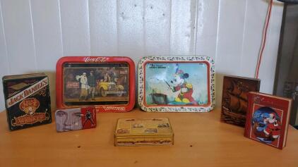 (2) Vintage TV Trays And (5) Vintage Tin Boxes