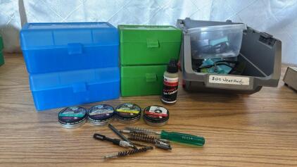 Assorted Ammo Items (4) Plastic 50rd Rifle Ammo Boxes , assorted Cleaning Brushes, Pellets For Pellet Gun and more