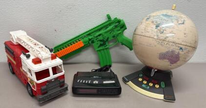GeoSafari Electronic Globe Game, Model 7284, Interactive Educational Toy, Toy Firetruck, Alarm Clock. And Plastic Gun