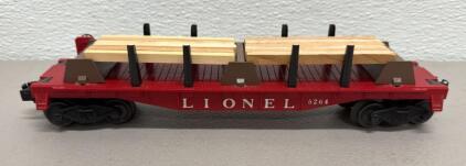 1957-1960 Lionel 6264 Flatcar, O Gauge, Red with Wooden Load