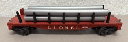 1953-1956 Lionel 6511 O Scale Flatcar with Pipe Load, Red and Silver