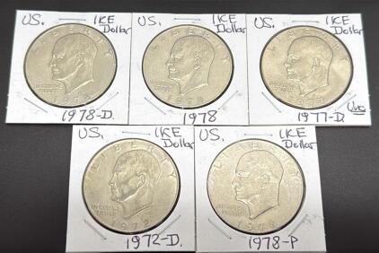 1972, 1977, 1978 Eisenhower Dollar Coins, US Mint, D and P Mint Marks