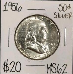 1956 MS62 Silver Mint State Franklin Half Dollar