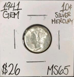 1941 MS65 Gem Silver Mercury Dime