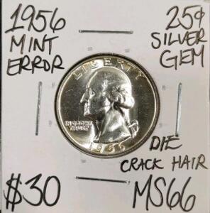 1956 MS66 Mint Error Gem Silver Quarter