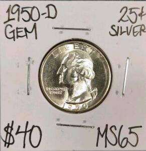 1950-D MS65 Gem Silver Washington Quarter