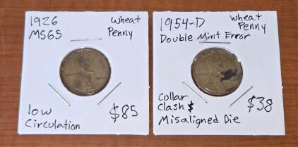 1926 Wheat Penny - Low Circulation & 1954 Lincoln Penny w/ Mint Error - Misaligned Die
