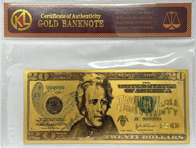 24k Gold-Plated $20 Bill Replica, Unique Serial JE 999999