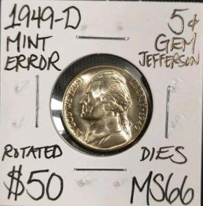 1949-D MS66 Gem Mint Error Jefferson Nickel