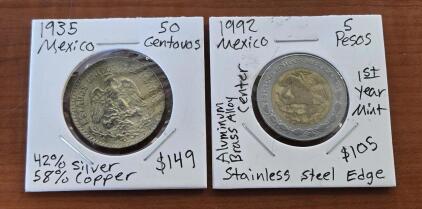 1935 Mexico 50 Centavos Coin & 1992 Mexico 5 Pesos Coin - 1st Year Minted