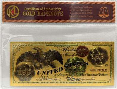 24k Gold-Plated Banknote, Serial GOLD 999999, COA Included