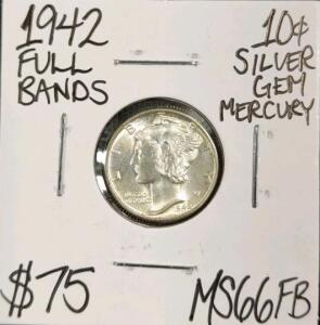 1942 MS66FB Full Bands Gem Silver Mercury Dime