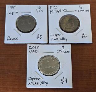 1949 Japanese 5 Yen Coin , 1960 Philippines 5 Centavos Coin , 2013 UAE 1 Dirham Coin - Copper/Nickel Alloy