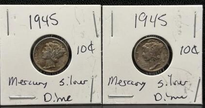 (2) 1945 Mercury Dimes, Denver Mint, 90% Silver, 0.705" Diameter