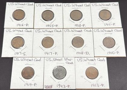 U.S. Lincoln Wheat and 1943 Steel War Cents, Various Years and Mint Marks