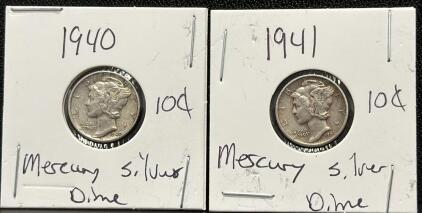 Mercury Dimes 1940 & 1941, U.S. Mint, 90% Silver, No Mint Mark
