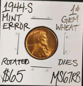 1944-S MS67RB Mint Error Gem Wheat Cent