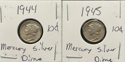 1944 and 1945 Mercury Dimes, 90% Silver, United States Mint