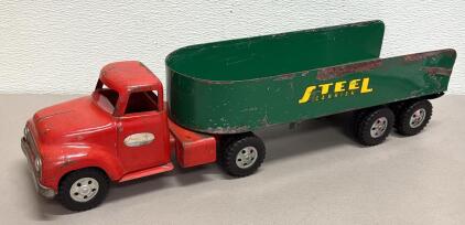 1954-1955 Marx Toys Steel Carrier Toy Truck and Trailer, Red and Green