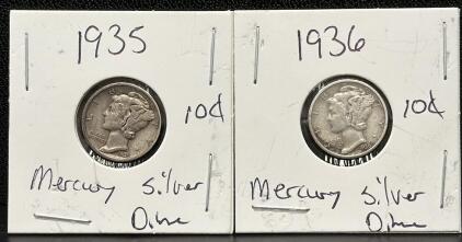 1935 & 1936 Mercury Dimes, Denver Mint, Silver Coins