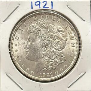 1921 Morgan Silver Dollar Coin, Philadelphia Mint, 90% Silver