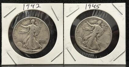 Walking Liberty Half Dollar Coins, 1942 & 1945, Silver, Mint Mark 'D'