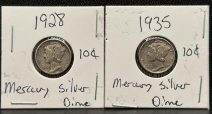 1928 and 1935 U.S. Mercury Dimes, Silver Composition, 90% Silver