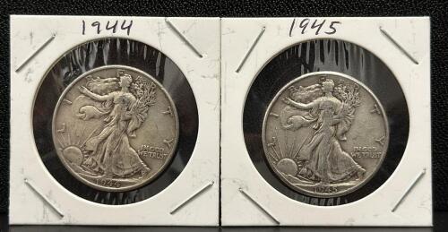 Walking Liberty Half Dollar Coins 1944 & 1945, 90% Silver, U.S. Mint