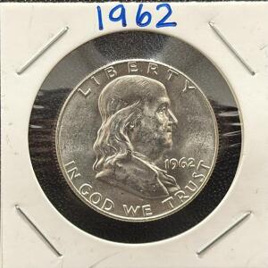 1962 Franklin Half Dollar Coin, Silver Composition, Liberty Bell Design