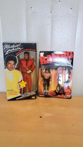 1984 LJN Michael Jackson Superstar of the 80's Thriller Outfit Doll and 1986 Coleco Rambo Action Figure with Battle Action Rocket Launcher and Accessories (Rambo - The Force of Freedom)