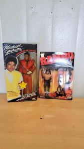 1984 LJN Michael Jackson Superstar of the 80's Thriller Outfit Doll and 1986 Coleco Rambo Action Figure with Battle Action Rocket Launcher and Accessories (Rambo - The Force of Freedom)