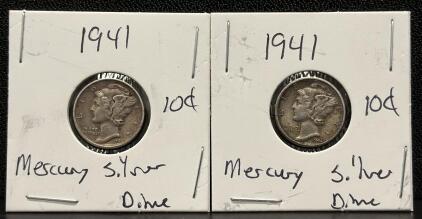 (2) 1941 Mercury Dimes, 90% Silver, Pair of Coins