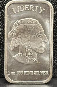 1 oz .999 Fine Silver Buffalo Bar, Native American Design