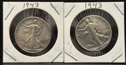 (2) 1943 Walking Liberty Half Dollar Coins, Silver 90%, U.S. Mint