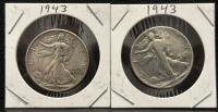 (2) 1943 Walking Liberty Half Dollar Coins, Silver 90%, U.S. Mint