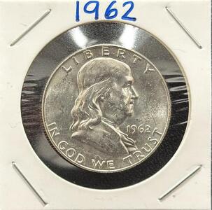 1962 Franklin Half Dollar, Denver Mint, 90% Silver, E Pluribus Unum