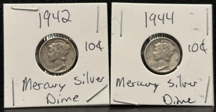 1942 & 1944 Mercury Dimes, 90% Silver, U.S. Mint